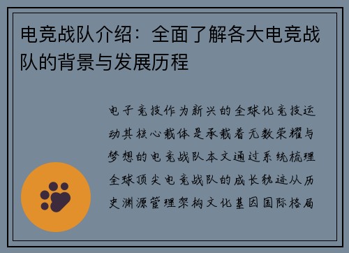 电竞战队介绍：全面了解各大电竞战队的背景与发展历程